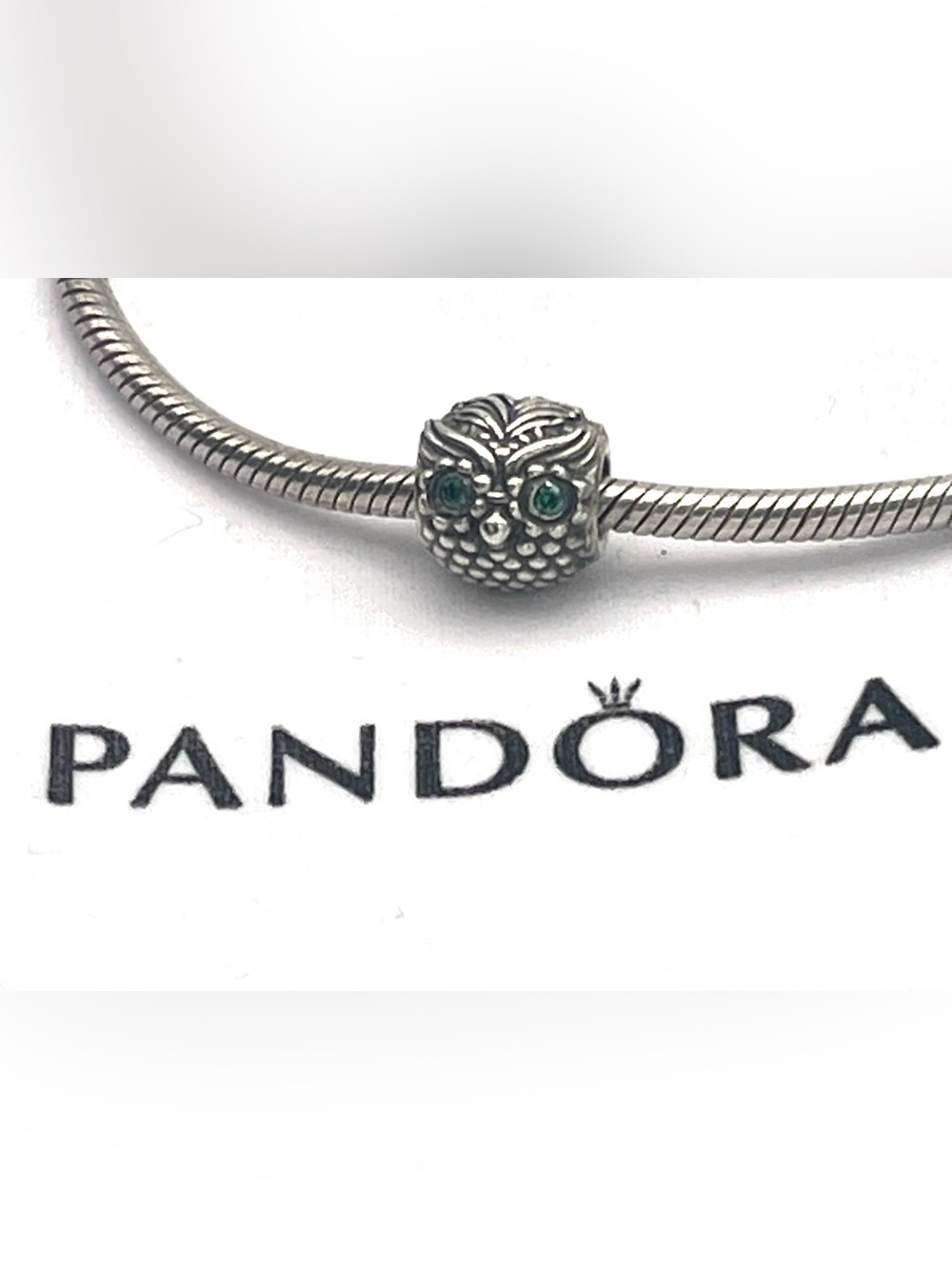 Pandora Silver Wise Owl Charm with Green Gemstone Eyes - Retired